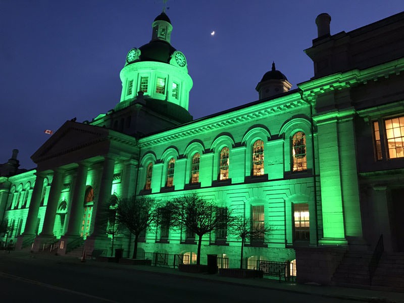 City Hall Lit up Green
