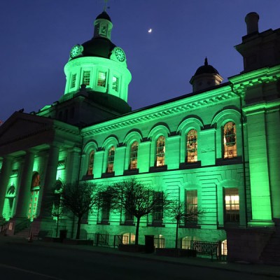 City Hall Lit up Green